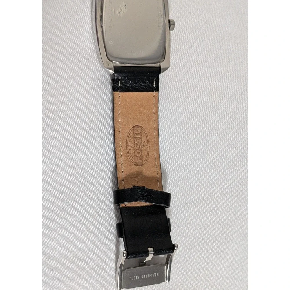 Fossil Watch Black Leather Strap Tonneau Stainless Steel Date Men's